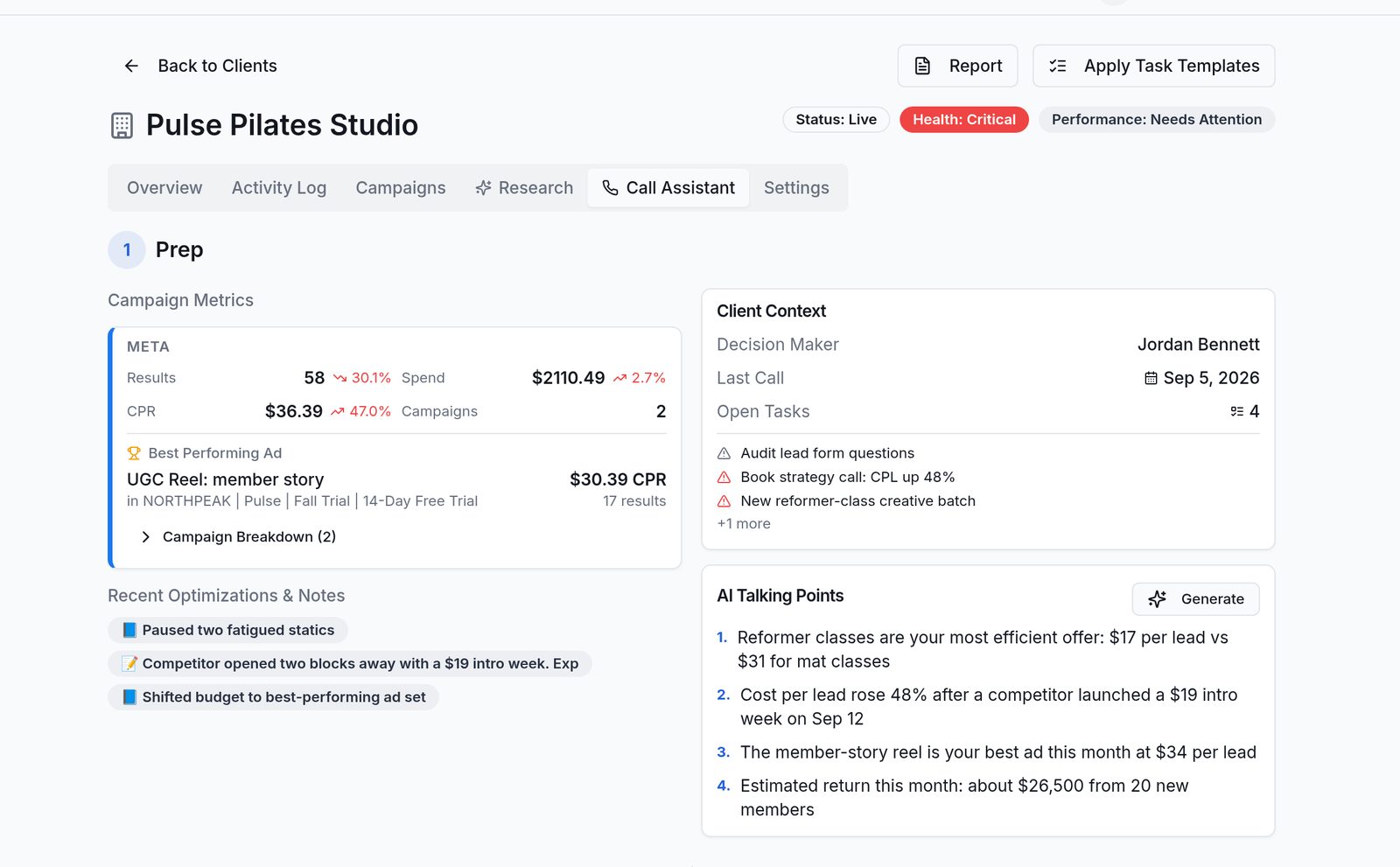 Call prep screen with metrics, context and talking points