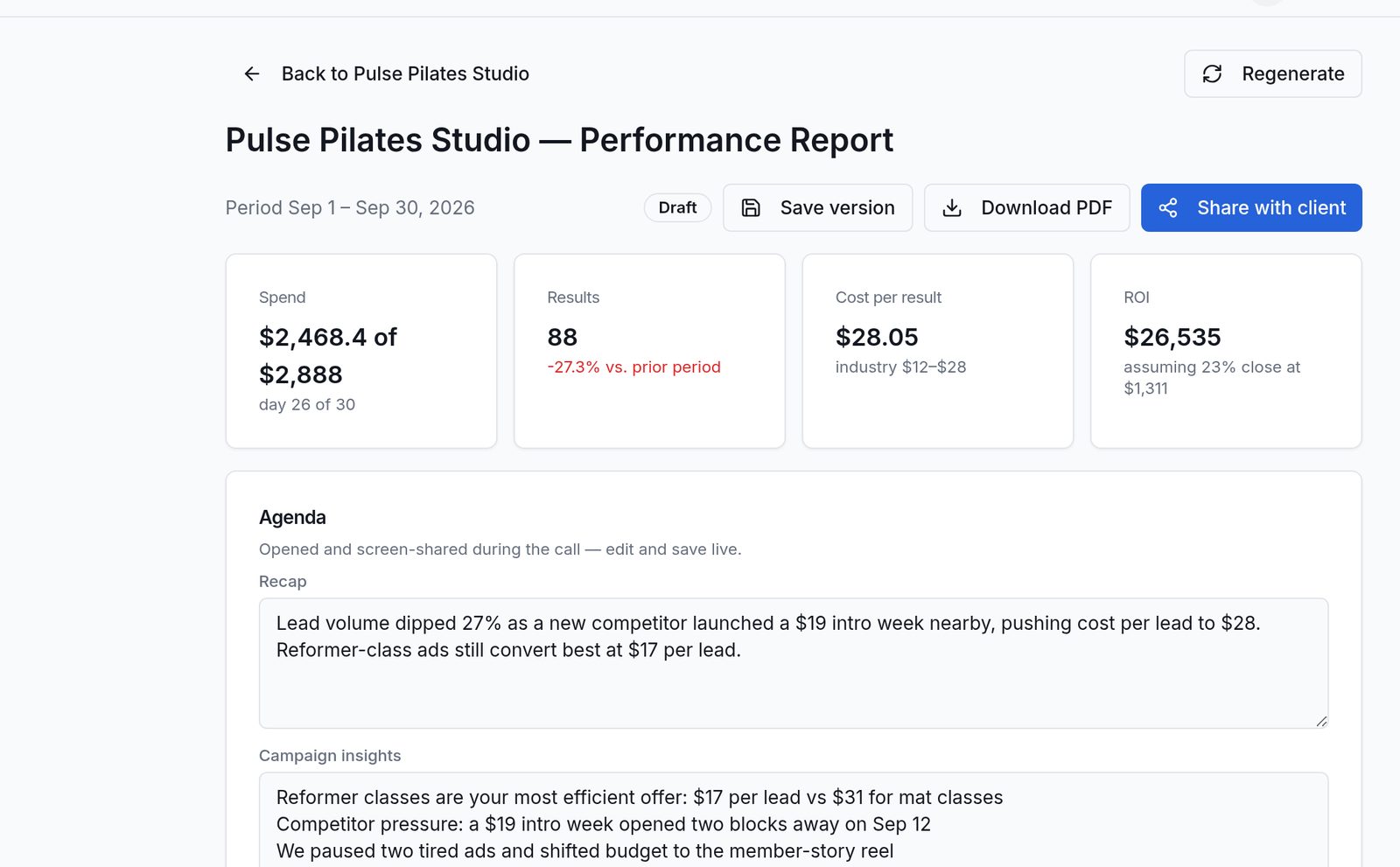Monthly performance report leading with estimated return